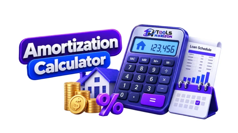 Amortization Calculator with a loan payment calculator, house, money, interest percentage, and loan repayment schedule.