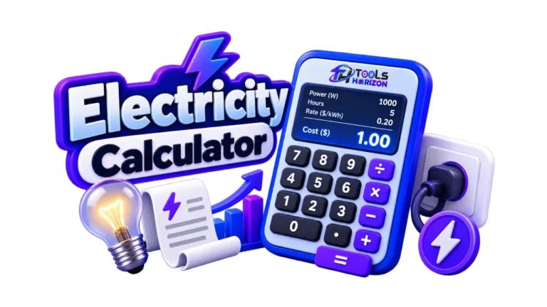 Electricity calculator with a digital calculator, light bulb, power plug, energy bill, and lightning bolt icons.