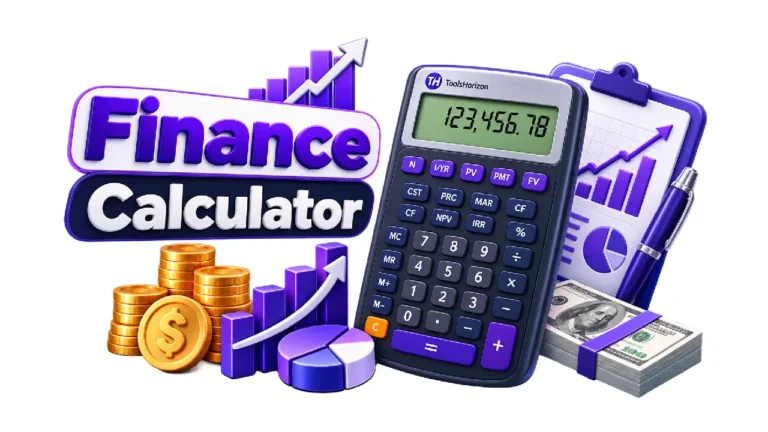 Finance Calculator with a financial calculator, money, coins, cash flow chart, and financial growth graph for calculating time value of money and financial scenarios.