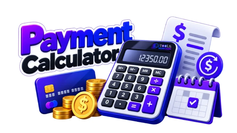 Payment calculator with a digital calculator, credit card, coins, dollar symbols, and calendar illustration.