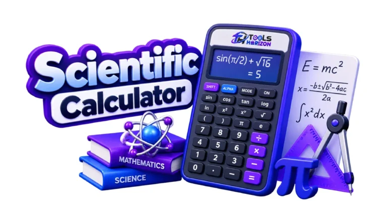Scientific calculator with mathematics and science books, formulas, an atom symbol, and geometry tools.