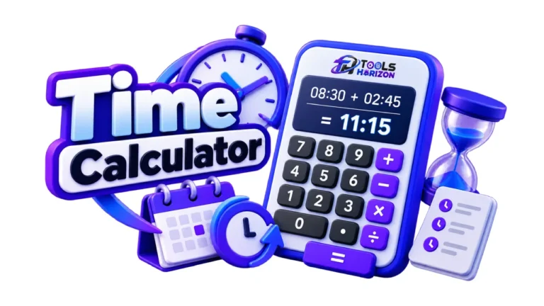 Time calculator with a digital calculator, clock, stopwatch, hourglass, and calendar icons.